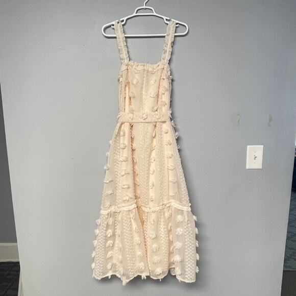 A Calin Maxi Dress Womens Small Cream Swiss Dot Pom-Pom Boho Feminine Elegant - Picture 3 of 11